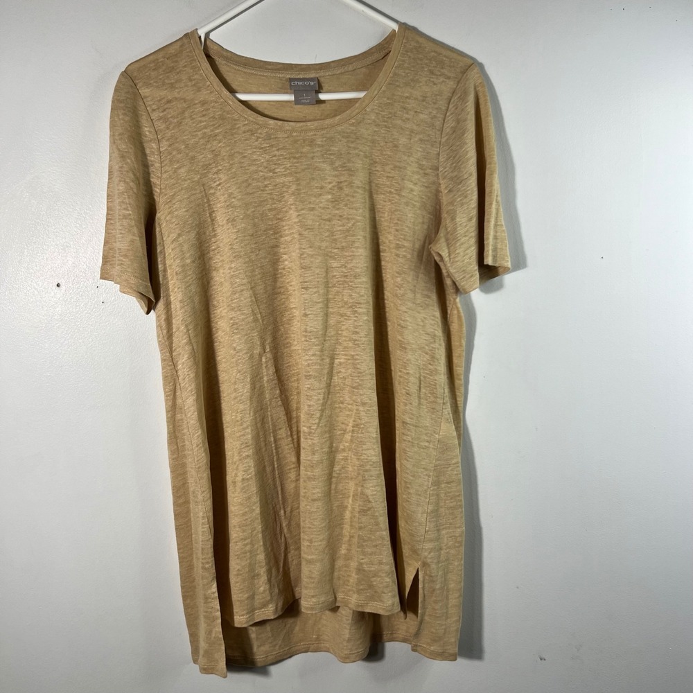 Womens Chicos Linen Slub‎ Short Sleeve Crew Tee Top Basic Knit Tan M NWOT